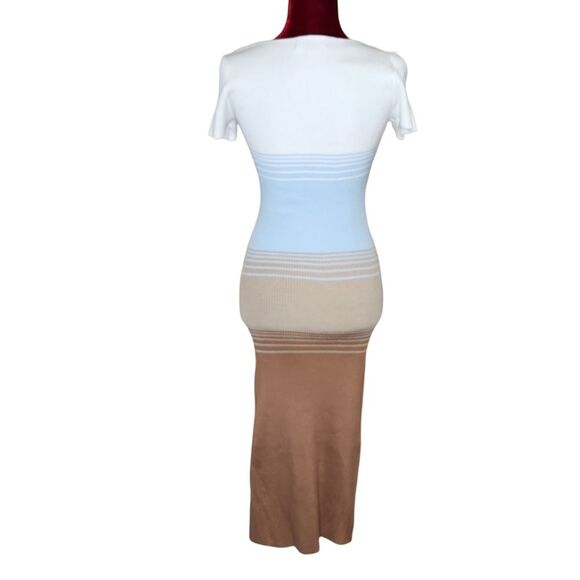 Almost Famous Ribbed Midi Dress Short Sleeve White Blue Tan Striped Colorblock M - Picture 4 of 10